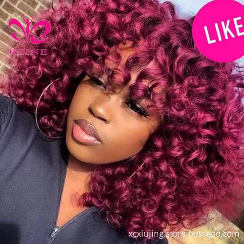 99J Short Bob Curly Wig for Women Burgundy Colored Bouncy Curly Human Hair Wigs with Bangs Full Machine Made Brazilian Remy Hair
